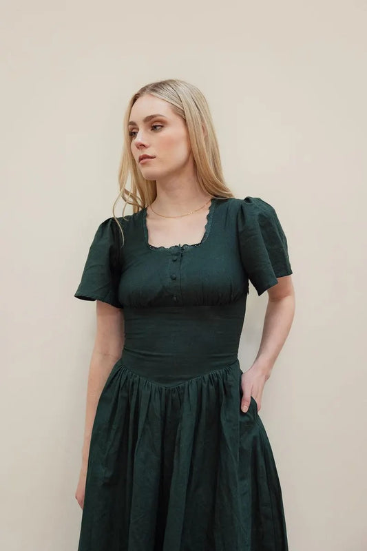 Hymn Linen Dress in Forest Green