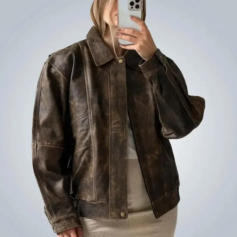 Oversized Brown Distressed Leather Jacket