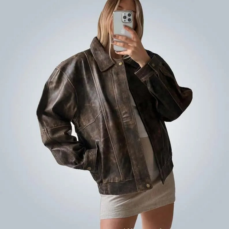 Oversized Brown Distressed Leather Jacket