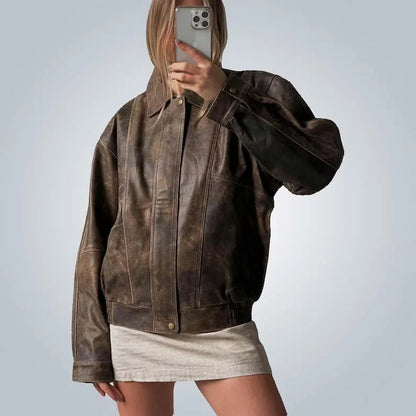 Oversized Brown Distressed Leather Jacket