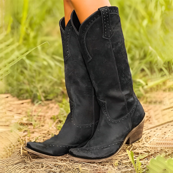 Women's Leather Cowboy Boots with Studs and Aged Texture