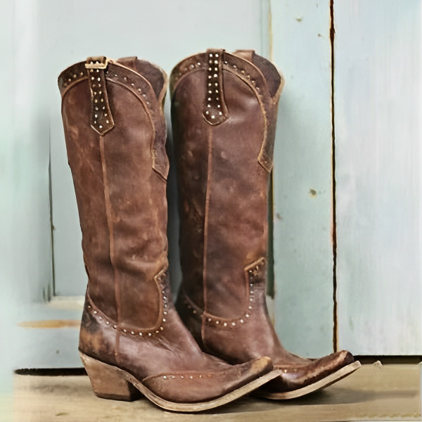 Women's Leather Cowboy Boots with Studs and Aged Texture